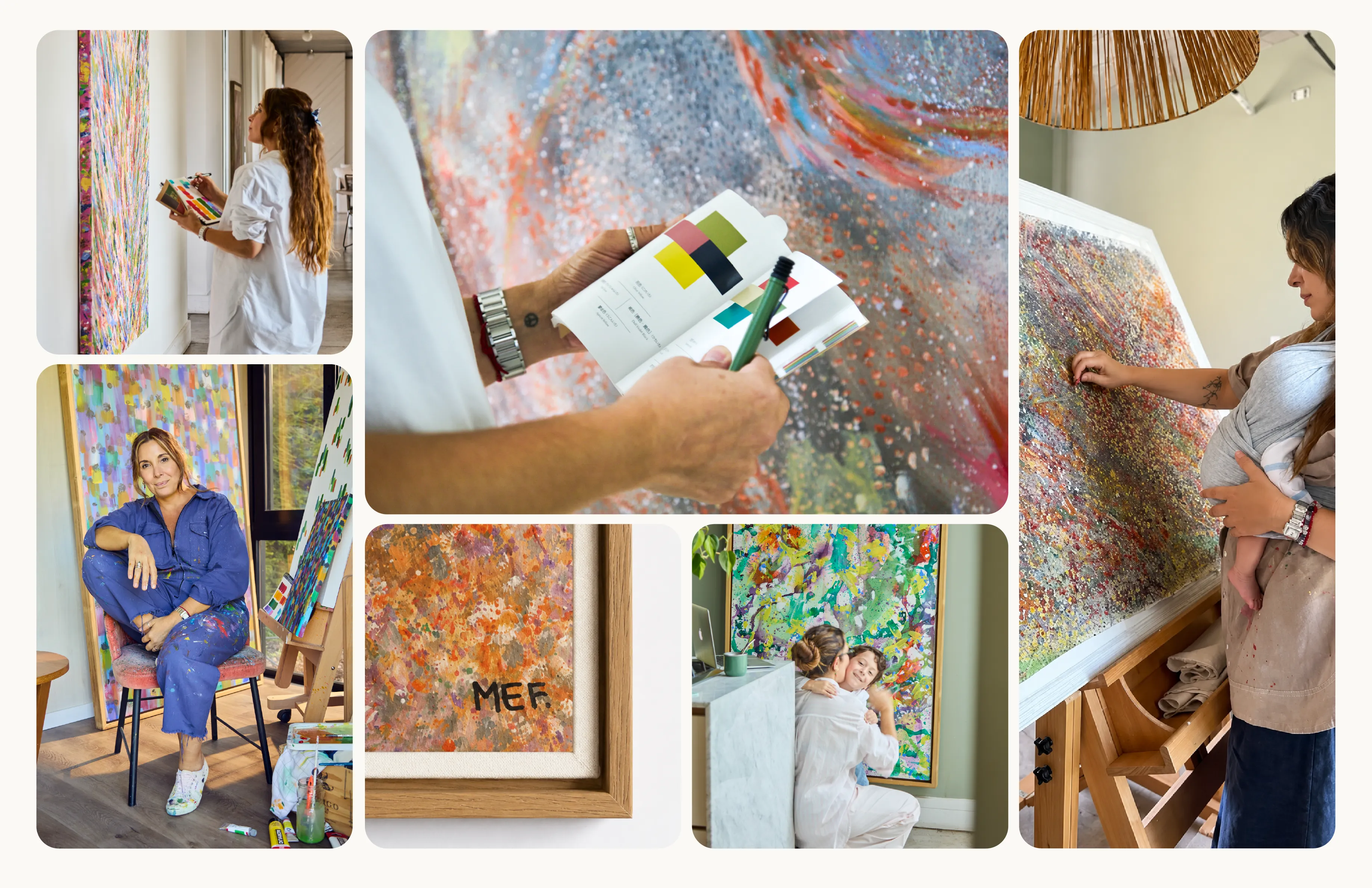 Collage of the artist MEF working on her pieces