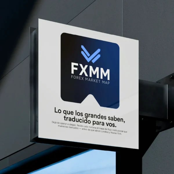 Hanging sign with the FXMM brand on a building front