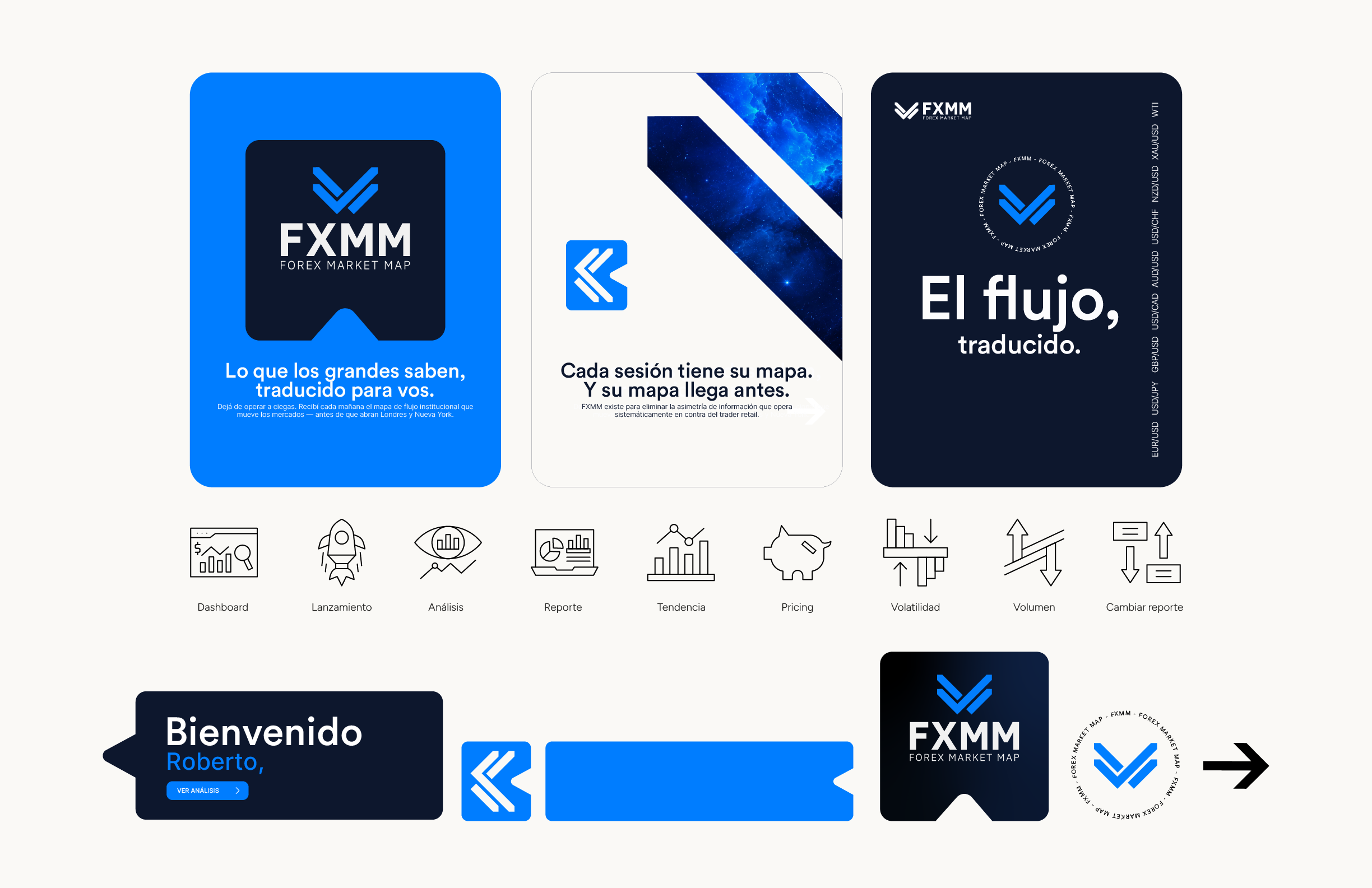 FXMM identity system with pieces and icons