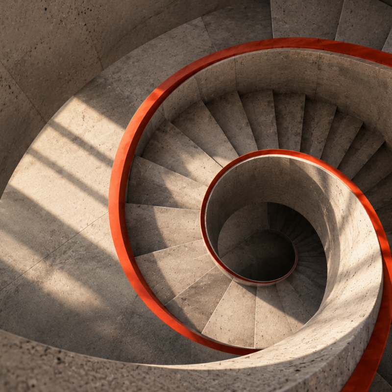 Escalera de hormigón en espiral vista desde arriba con una baranda naranja