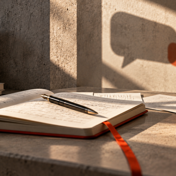 Cuaderno abierto con una pluma y una cinta naranja, y la sombra de un globo de diálogo en la pared