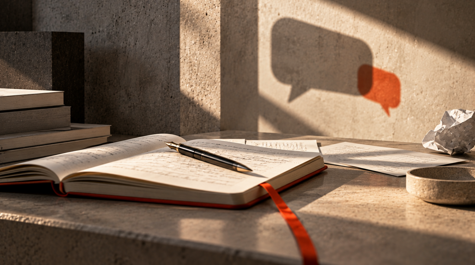 Cuaderno abierto con una pluma y una cinta naranja, y la sombra de un globo de diálogo en la pared