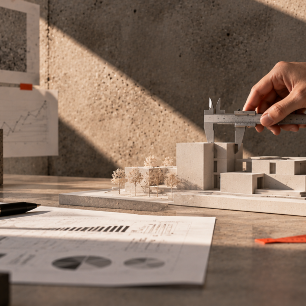 Mano trabajando sobre una maqueta junto a gráficos e informes impresos