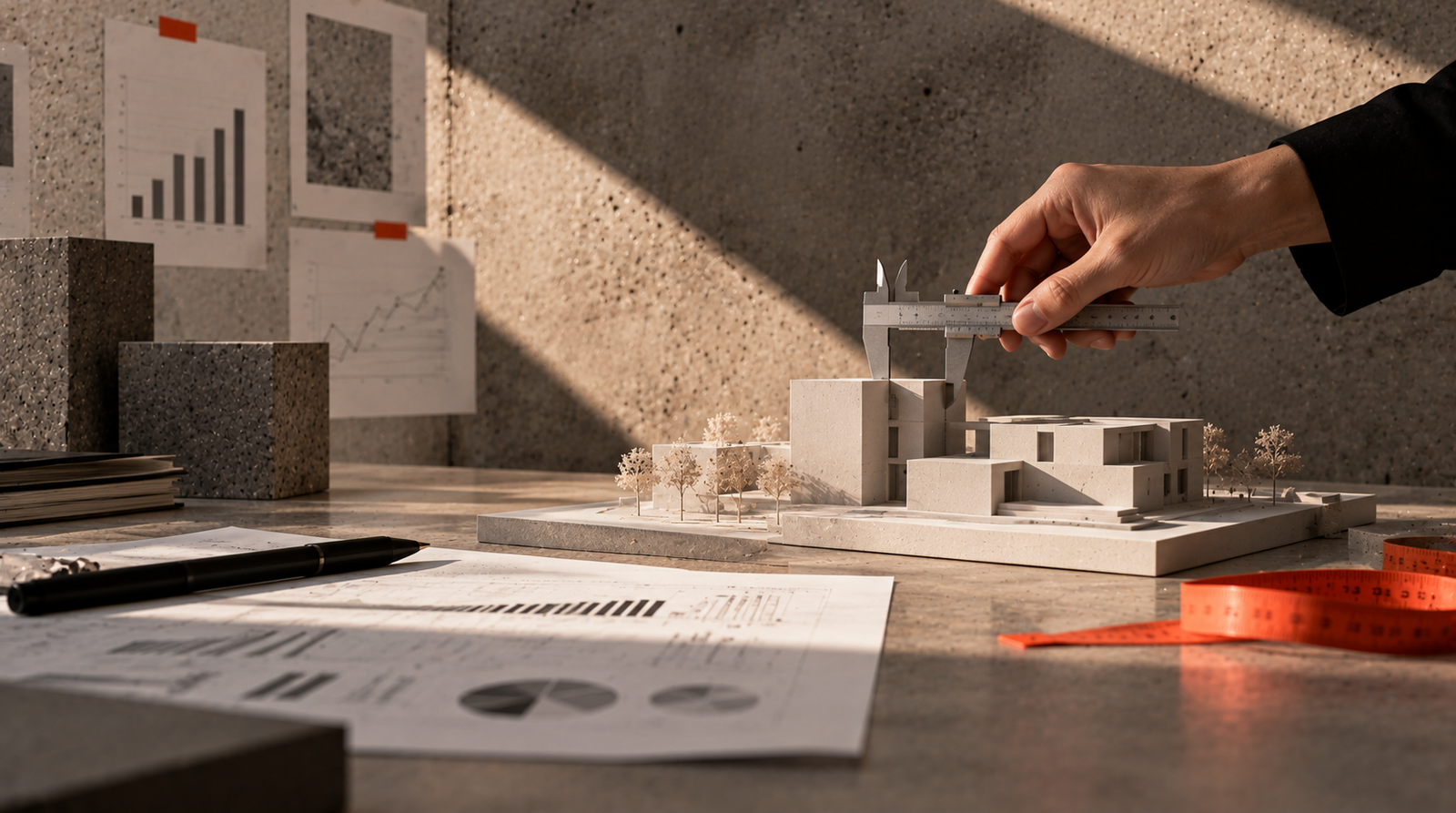 Mano trabajando sobre una maqueta junto a gráficos e informes impresos