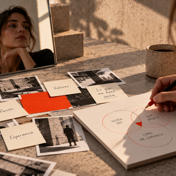 Mujer escribiendo en un cuaderno rodeada de fotos y apuntes con acentos naranjas