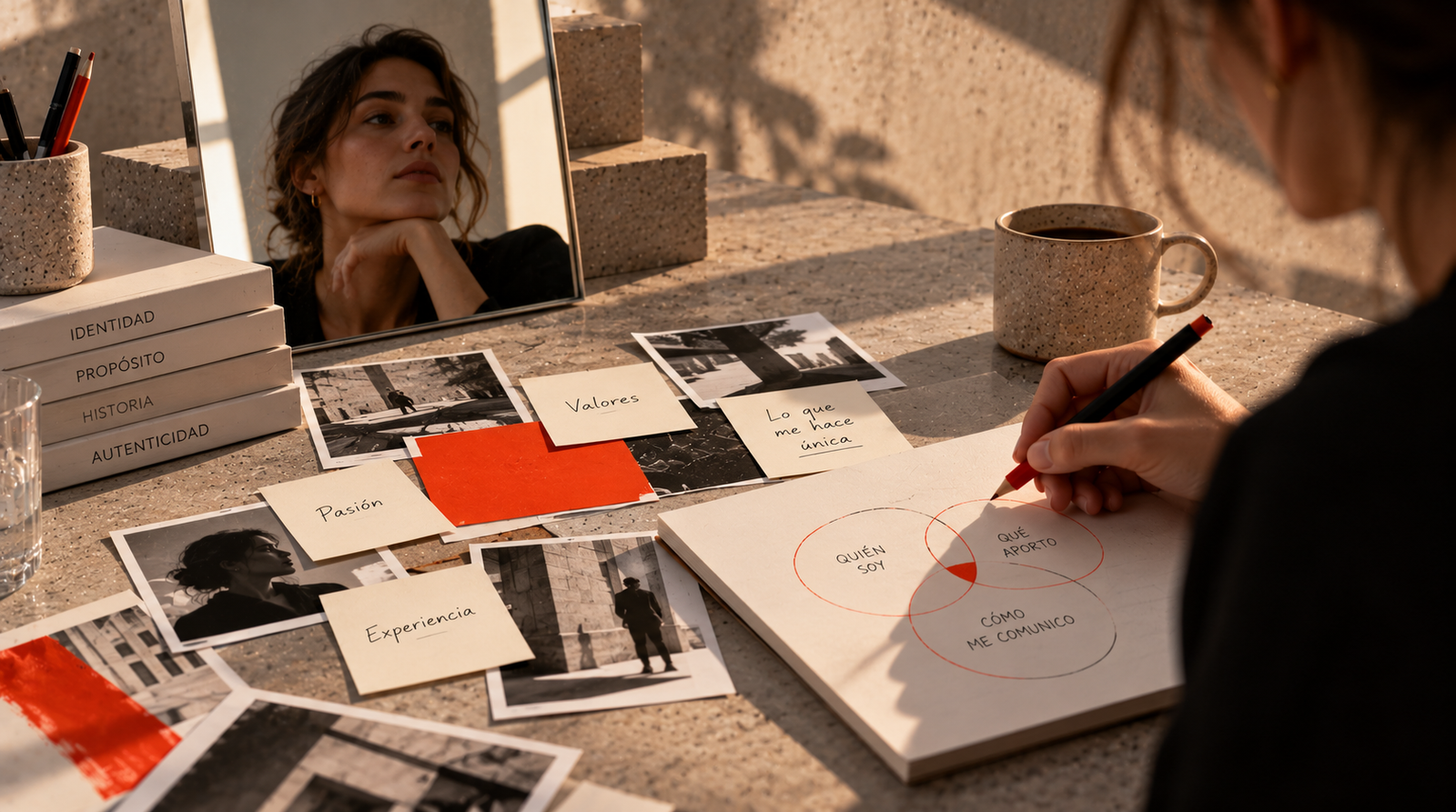 Mujer escribiendo en un cuaderno rodeada de fotos y apuntes con acentos naranjas
