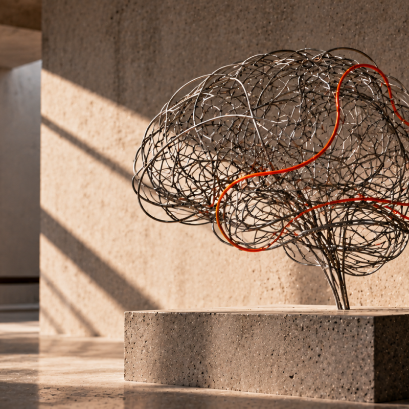 Escultura de alambre con forma de cerebro sobre un bloque de hormigón, atravesada por hilos naranjas