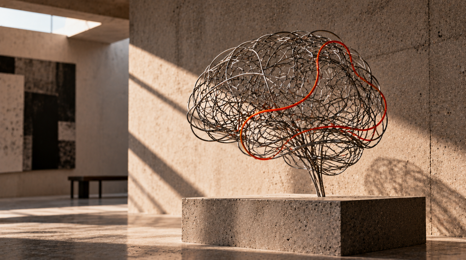 Escultura de alambre con forma de cerebro sobre un bloque de hormigón, atravesada por hilos naranjas