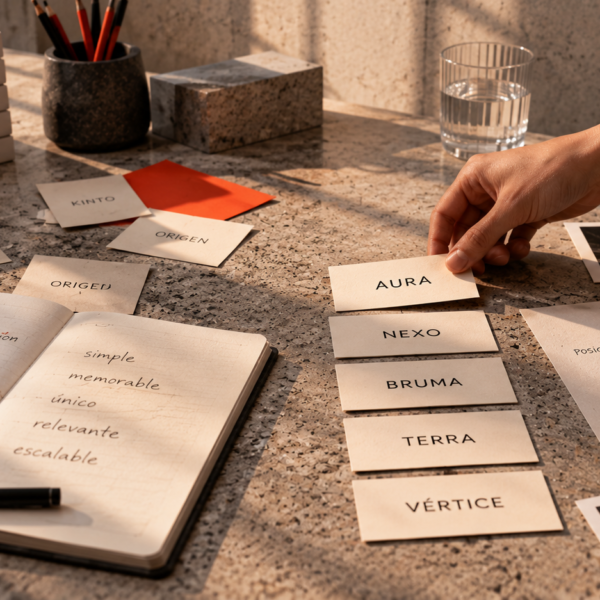 Mano ordenando tarjetas con palabras sobre una mesa con cuadernos y bocetos de naming