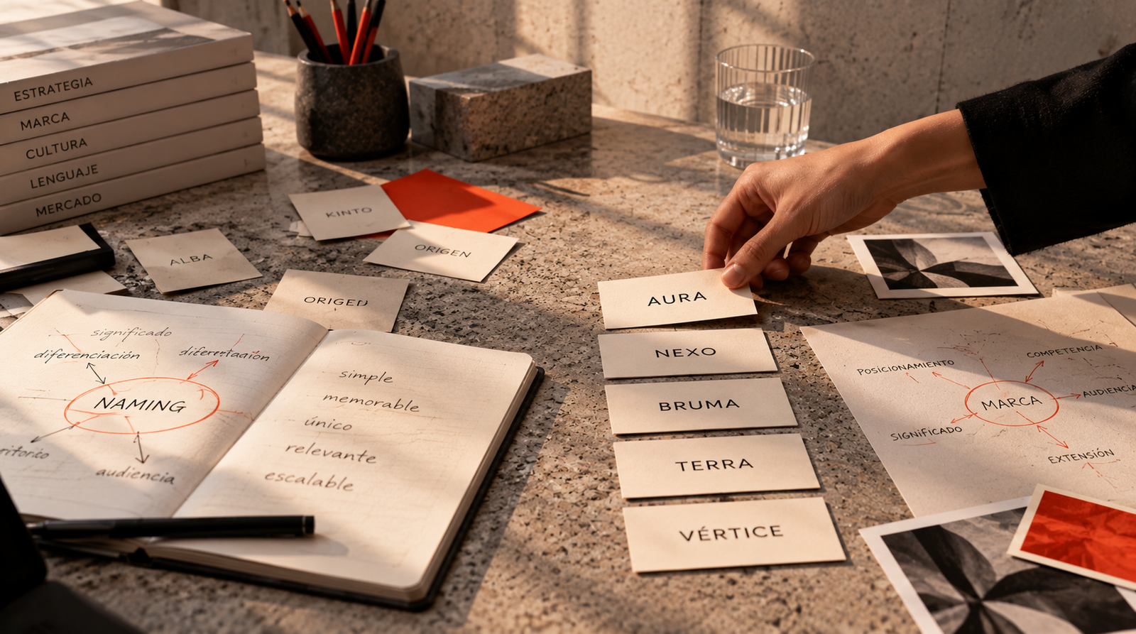 Mano ordenando tarjetas con palabras sobre una mesa con cuadernos y bocetos de naming