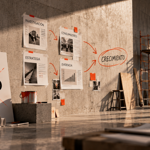 Estudio de diseño con bocetos de logo en la pared y una mesa de trabajo
