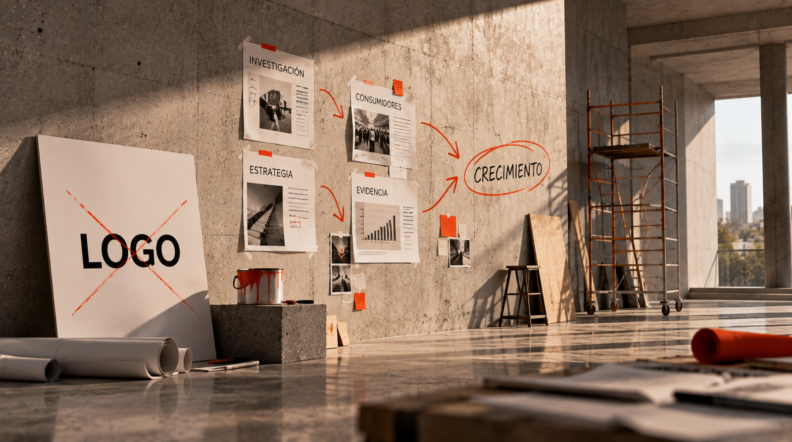 Estudio de diseño con bocetos de logo en la pared y una mesa de trabajo